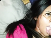 Busty ebony fucks and takes facial from white cock