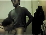 Fucking his girl in a public bathroom