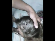 Convincing busty teen to suck his cock