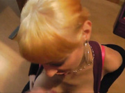 Blonde blows and takes cumshot on her big tits