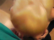 Blonde blows and takes cumshot on her big tits