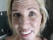 Blonde Milf takes huge facial and spreads the cum