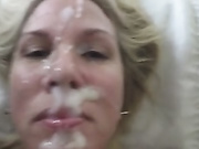 Blonde Milf takes huge facial and spreads the cum