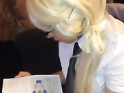 Nerdy girl with blonde wig fucking